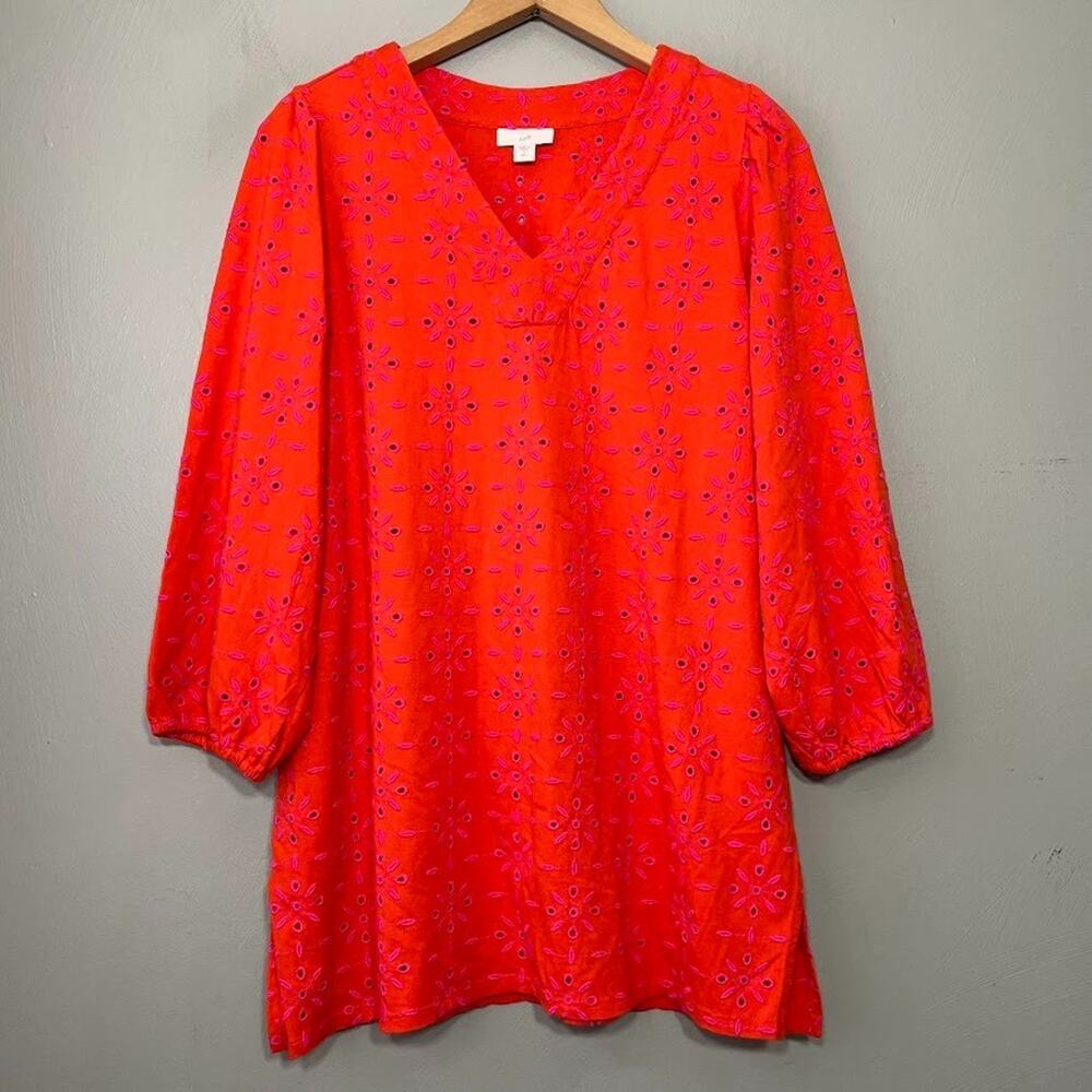 J Jill Cotton Knit Tunic Top Size S Tall Orange Pink Embroidered Eyelet Peasant